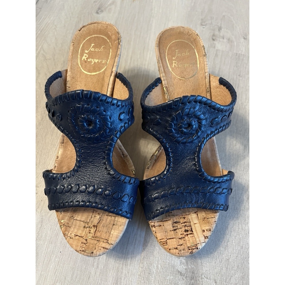 Jack Rogers Emilia Sandals Slides Leather Platform Wedge Cork Navy Blue Size 7 - Picture 2 of 8
